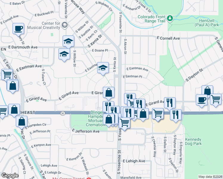 map of restaurants, bars, coffee shops, grocery stores, and more near 8787 East Girard Avenue in Denver