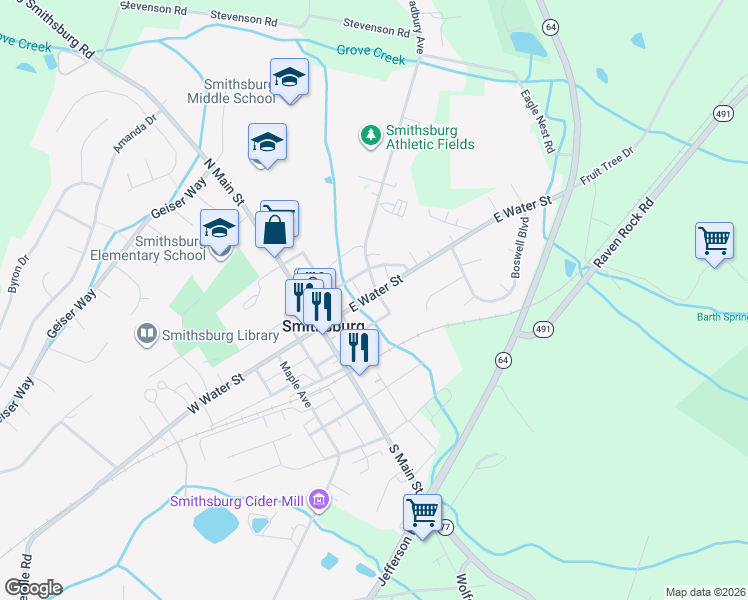 map of restaurants, bars, coffee shops, grocery stores, and more near 34 East Water Street in Smithsburg