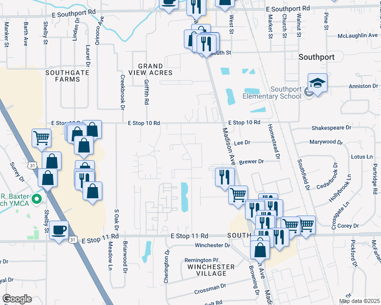 map of restaurants, bars, coffee shops, grocery stores, and more near 7629 Portage Avenue in Indianapolis