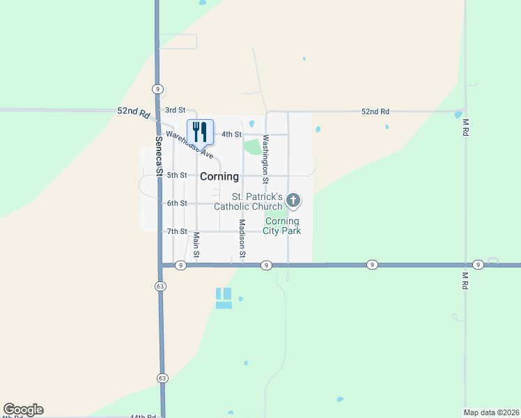 map of restaurants, bars, coffee shops, grocery stores, and more near 6605 Washington Street in Corning
