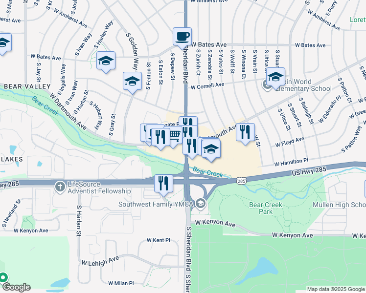 map of restaurants, bars, coffee shops, grocery stores, and more near 3103 South Sheridan Boulevard in Denver