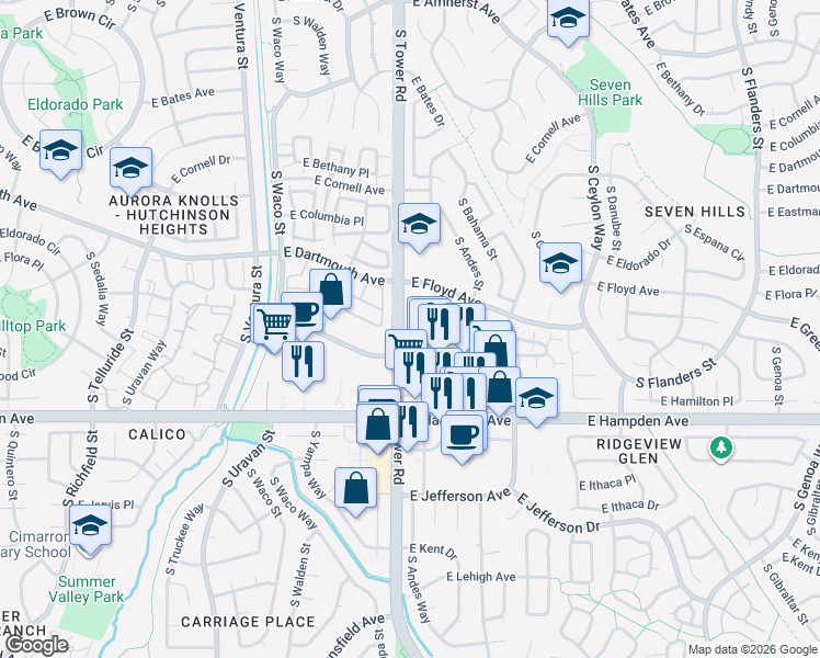 map of restaurants, bars, coffee shops, grocery stores, and more near 18558 East Hamilton Drive in Aurora