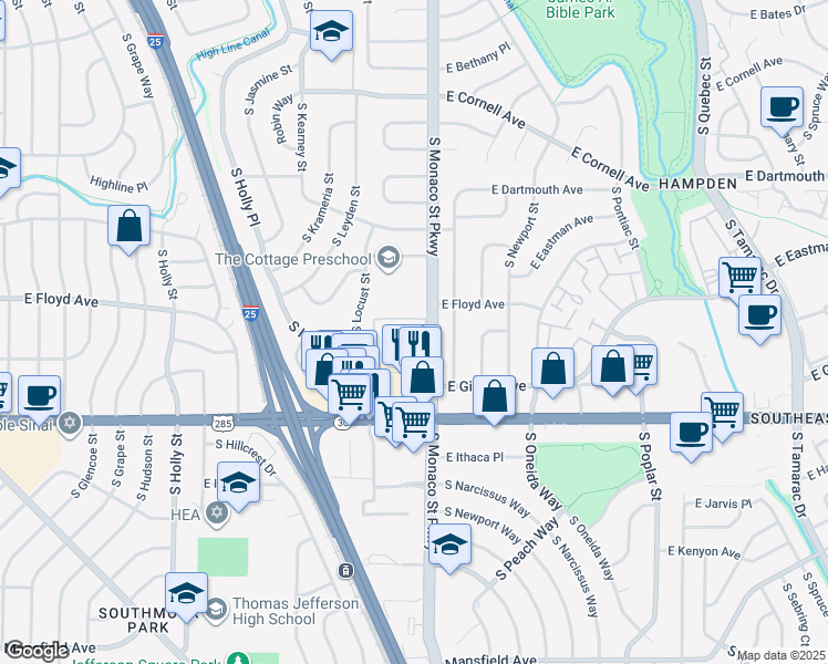 map of restaurants, bars, coffee shops, grocery stores, and more near 3325 South Monaco Parkway in Denver
