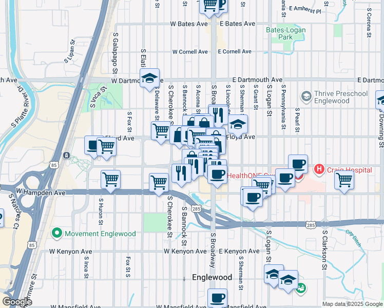 map of restaurants, bars, coffee shops, grocery stores, and more near 101 Englewood Parkway in Englewood