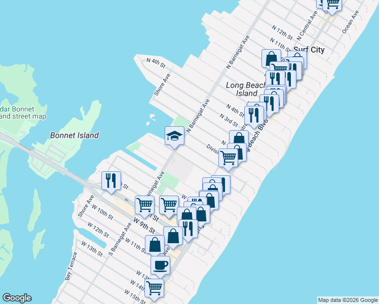 map of restaurants, bars, coffee shops, grocery stores, and more near 252 South 1st Street in Surf City