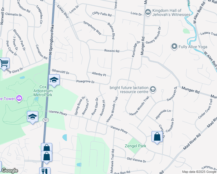 map of restaurants, bars, coffee shops, grocery stores, and more near 2506 Pinegrove Drive in Dayton
