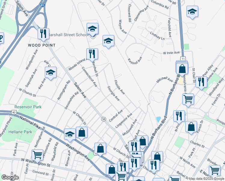 map of restaurants, bars, coffee shops, grocery stores, and more near 1000 Georgia Avenue in Hagerstown