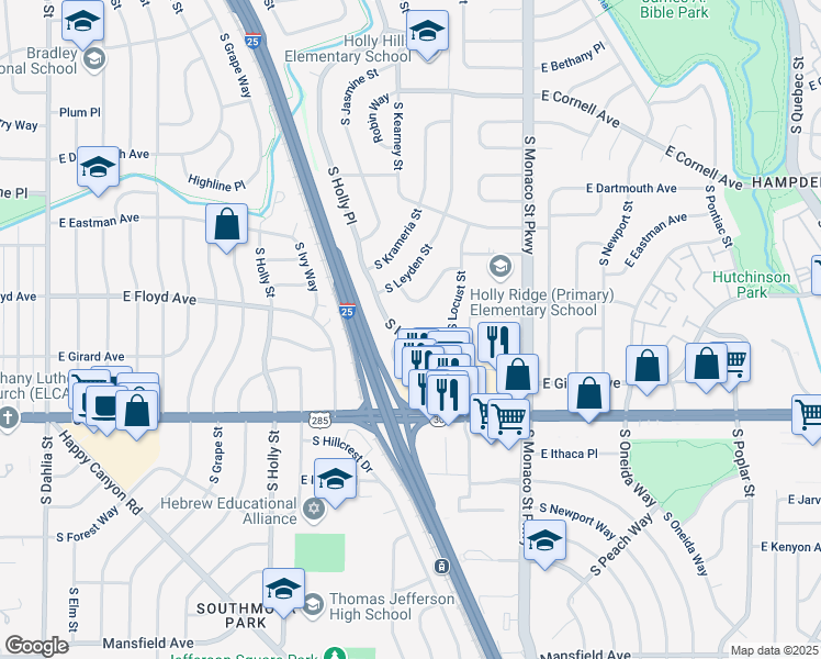 map of restaurants, bars, coffee shops, grocery stores, and more near 3350 South Holly Place in Denver