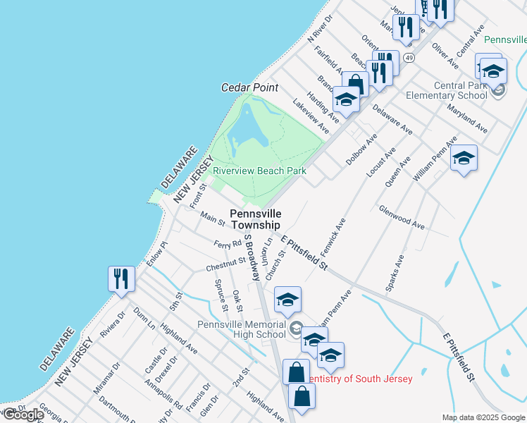 map of restaurants, bars, coffee shops, grocery stores, and more near in Pennsville Township