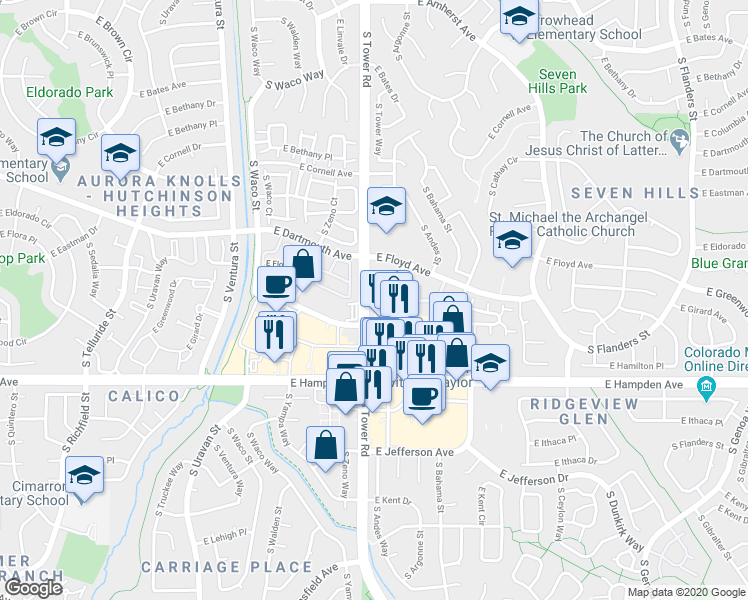map of restaurants, bars, coffee shops, grocery stores, and more near 18558 East Hamilton Drive in Aurora
