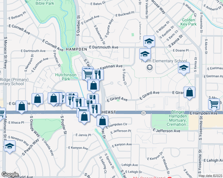 map of restaurants, bars, coffee shops, grocery stores, and more near 3300 South Tamarac Drive in Denver