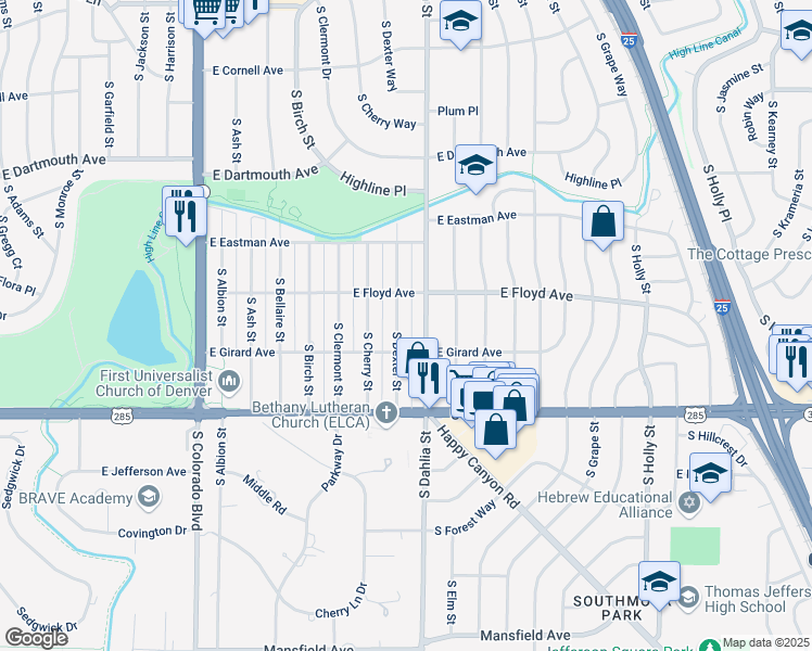 map of restaurants, bars, coffee shops, grocery stores, and more near 3360 South Dexter Street in Denver