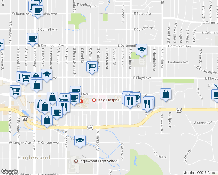 map of restaurants, bars, coffee shops, grocery stores, and more near 3371 South Ogden Street in Englewood