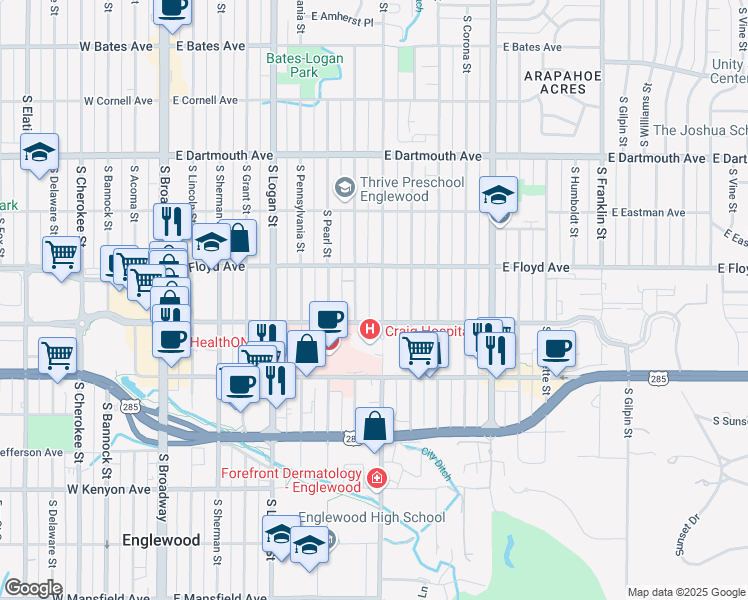 map of restaurants, bars, coffee shops, grocery stores, and more near 3372 South Washington Street in Englewood