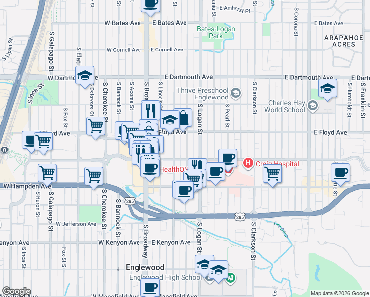 map of restaurants, bars, coffee shops, grocery stores, and more near 3376 South Sherman Street in Englewood