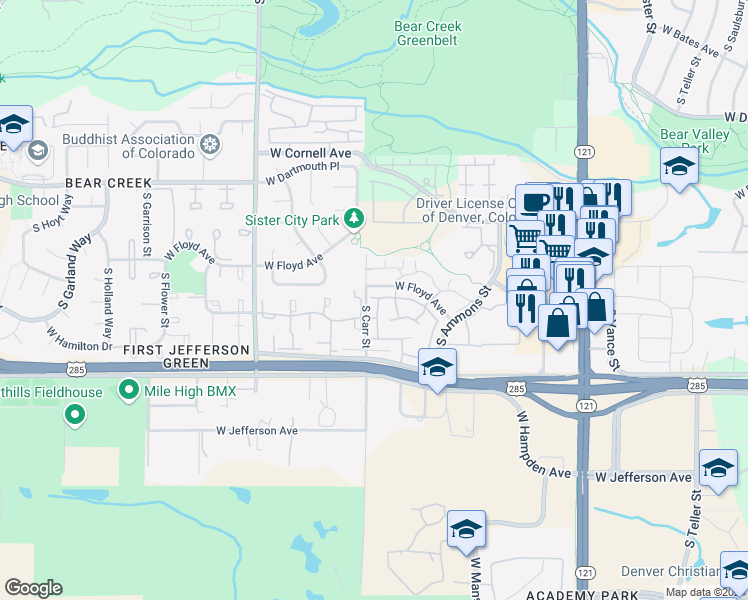 map of restaurants, bars, coffee shops, grocery stores, and more near 3423 South Ammons Street in Lakewood