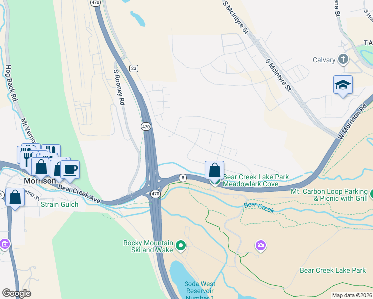 map of restaurants, bars, coffee shops, grocery stores, and more near 15853 West Morrison Road in Denver