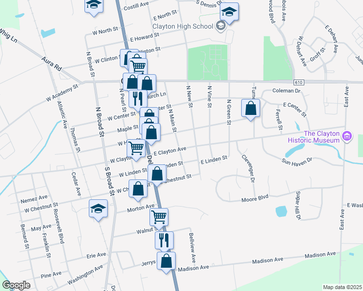 map of restaurants, bars, coffee shops, grocery stores, and more near 85 East Clayton Avenue in Clayton