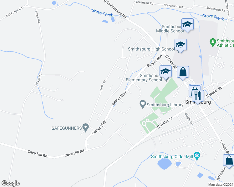 map of restaurants, bars, coffee shops, grocery stores, and more near 65 Amanda Drive in Smithsburg