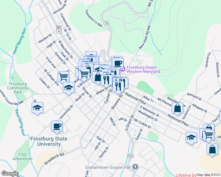 map of restaurants, bars, coffee shops, grocery stores, and more near 125 East Main Street in Frostburg