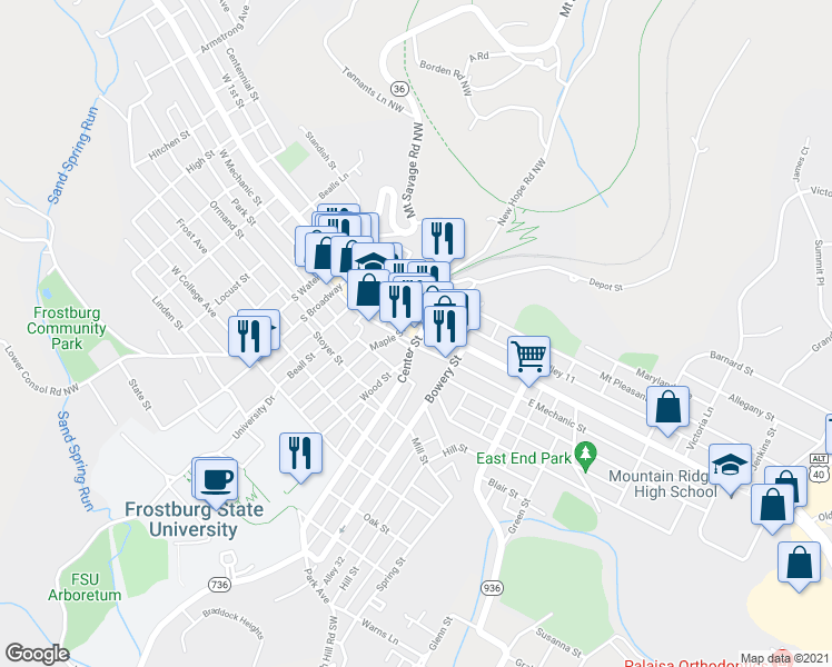 map of restaurants, bars, coffee shops, grocery stores, and more near 113 East Main Street in Frostburg