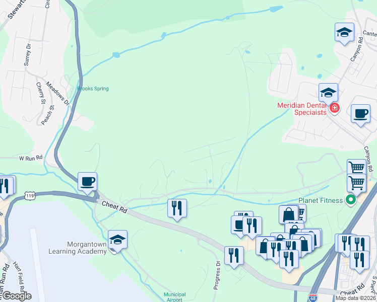map of restaurants, bars, coffee shops, grocery stores, and more near 34 Harley Drive in Morgantown