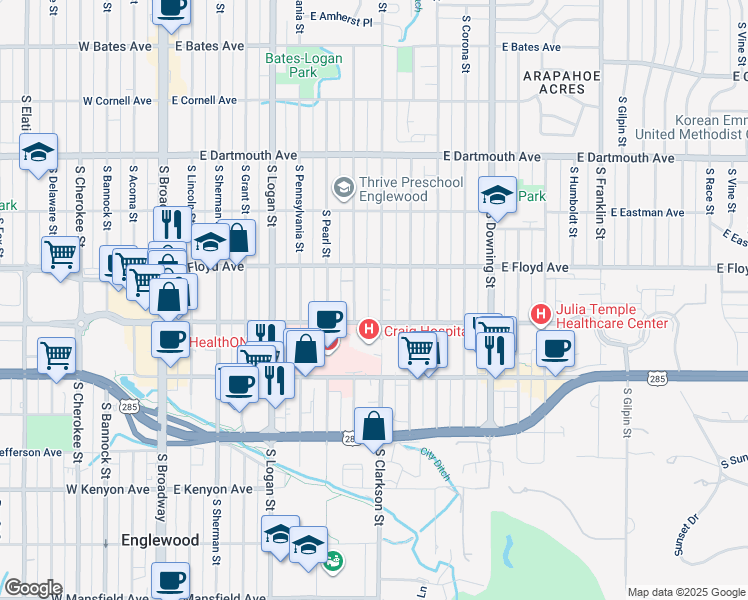 map of restaurants, bars, coffee shops, grocery stores, and more near 3355 South Clarkson Street in Englewood