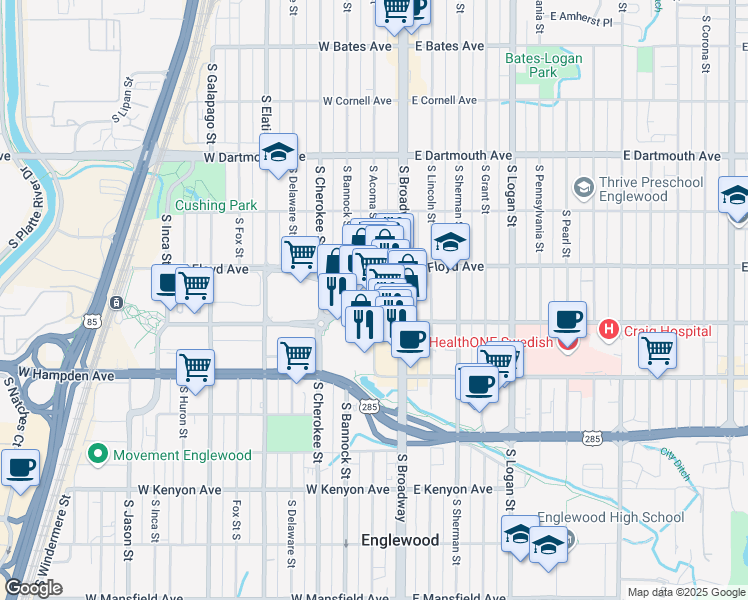 map of restaurants, bars, coffee shops, grocery stores, and more near 101 Englewood Parkway in Englewood