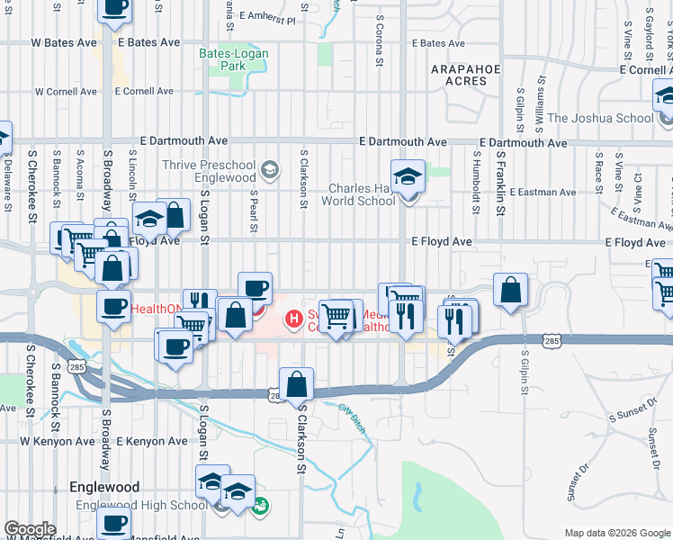 map of restaurants, bars, coffee shops, grocery stores, and more near 3371 South Ogden Street in Englewood