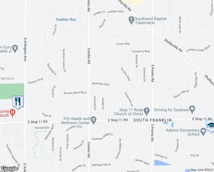 map of restaurants, bars, coffee shops, grocery stores, and more near 6627 Muirfield Way in Indianapolis