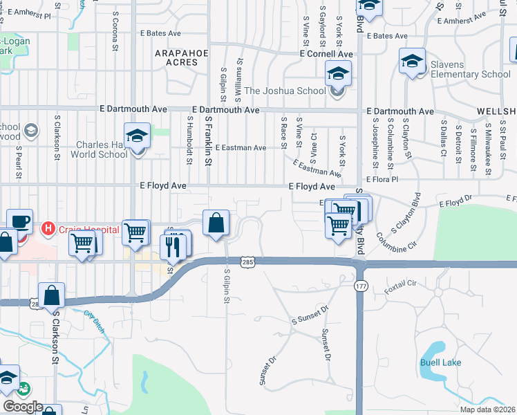 map of restaurants, bars, coffee shops, grocery stores, and more near 1801 East Girard Place in Englewood