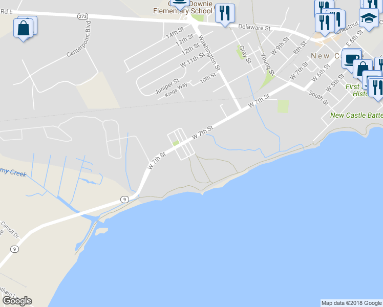 map of restaurants, bars, coffee shops, grocery stores, and more near 600 Clark Street in New Castle