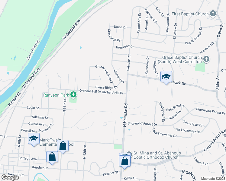 map of restaurants, bars, coffee shops, grocery stores, and more near 1330 Sierra Ridge Drive in Miamisburg
