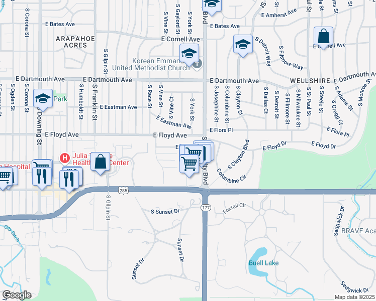 map of restaurants, bars, coffee shops, grocery stores, and more near 2298 East Floyd Place in Englewood