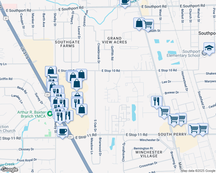 map of restaurants, bars, coffee shops, grocery stores, and more near 7642 Briarstone Lane in Indianapolis