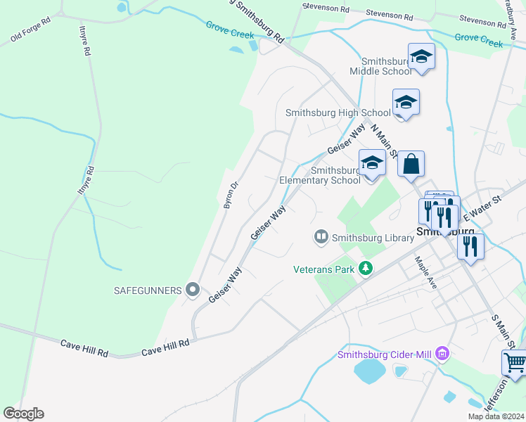 map of restaurants, bars, coffee shops, grocery stores, and more near 65 Amanda Drive in Smithsburg