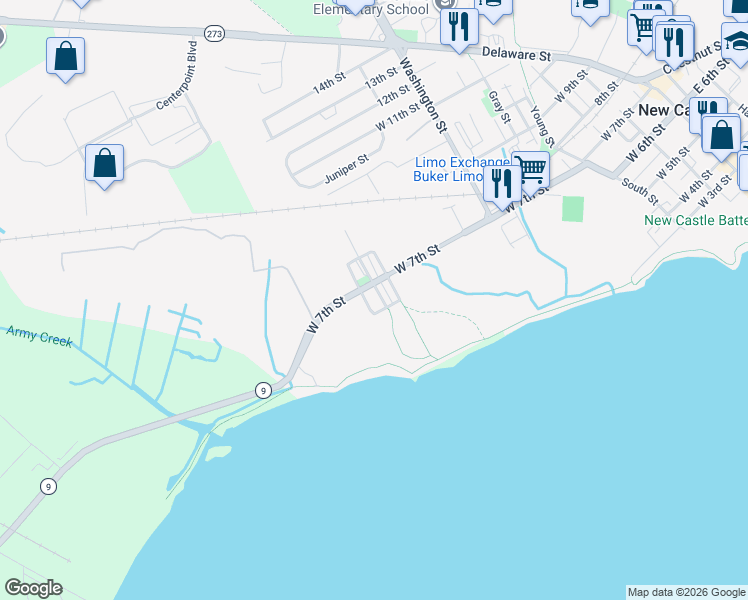 map of restaurants, bars, coffee shops, grocery stores, and more near 619 Clymer Street in New Castle