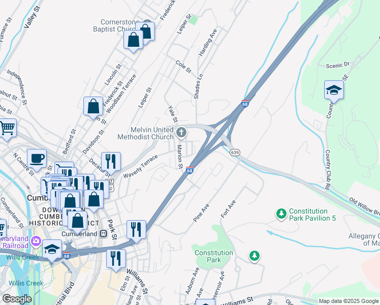 map of restaurants, bars, coffee shops, grocery stores, and more near 100 East Reynolds Street in Cumberland
