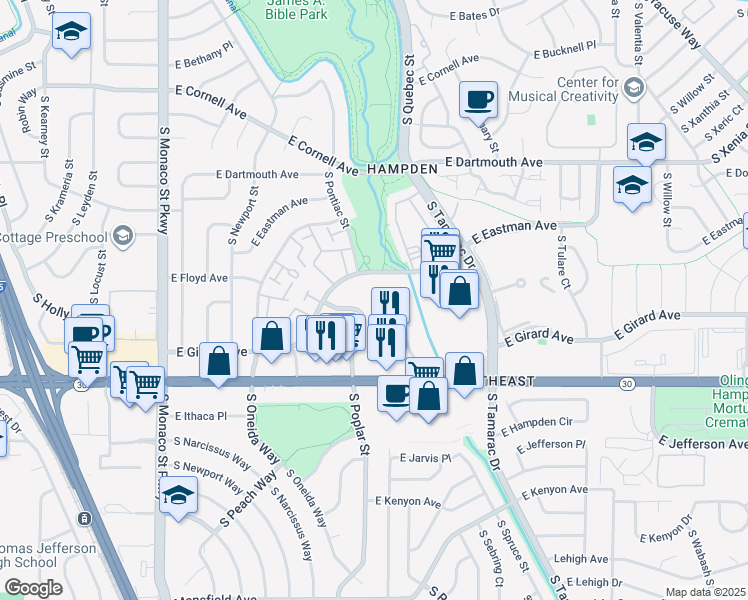 map of restaurants, bars, coffee shops, grocery stores, and more near 3450 South Poplar Street in Denver