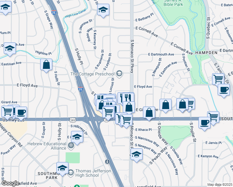 map of restaurants, bars, coffee shops, grocery stores, and more near 3331 South Monaco Parkway in Denver