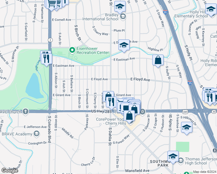 map of restaurants, bars, coffee shops, grocery stores, and more near 3360 South Dexter Street in Denver
