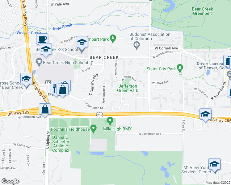 map of restaurants, bars, coffee shops, grocery stores, and more near 3355 South Flower Street in Lakewood