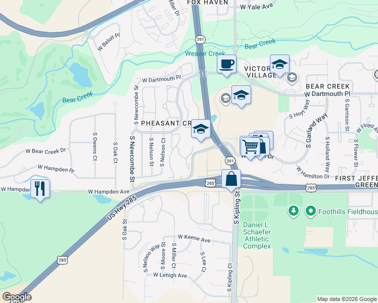 map of restaurants, bars, coffee shops, grocery stores, and more near 10321 West Girton Drive in Lakewood