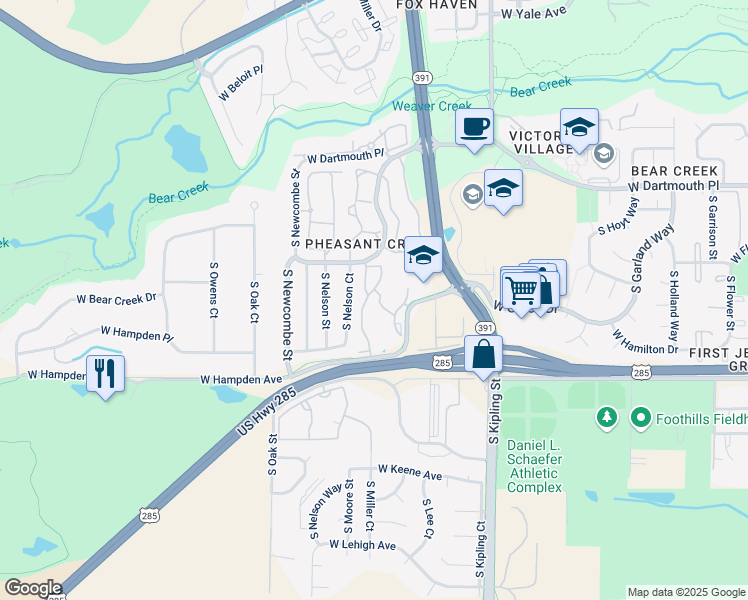 map of restaurants, bars, coffee shops, grocery stores, and more near 10321 West Girton Drive in Lakewood