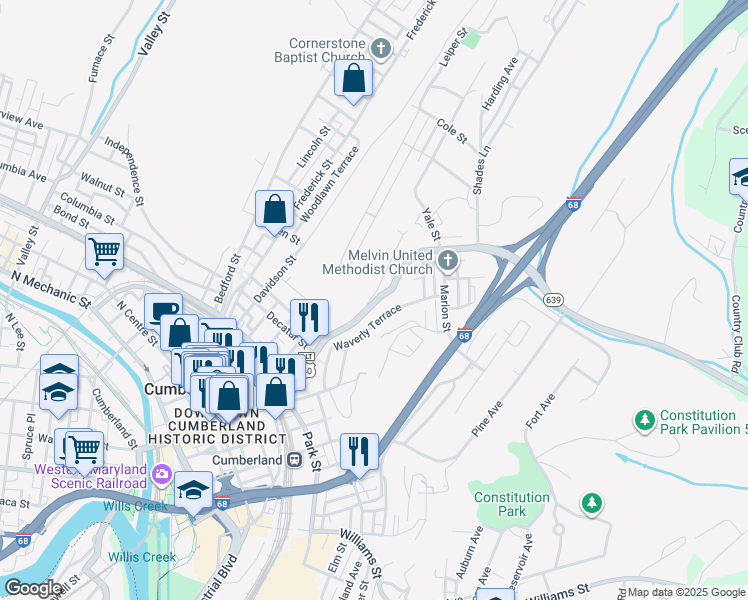 map of restaurants, bars, coffee shops, grocery stores, and more near 99 Sunrise Circle in Cumberland