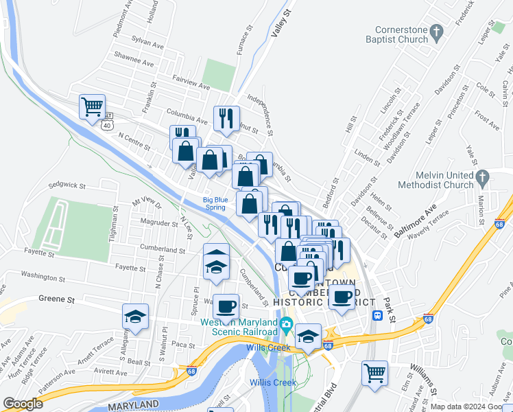map of restaurants, bars, coffee shops, grocery stores, and more near in Cumberland