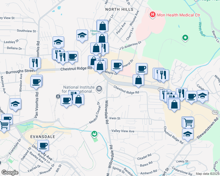 map of restaurants, bars, coffee shops, grocery stores, and more near in Monongalia County