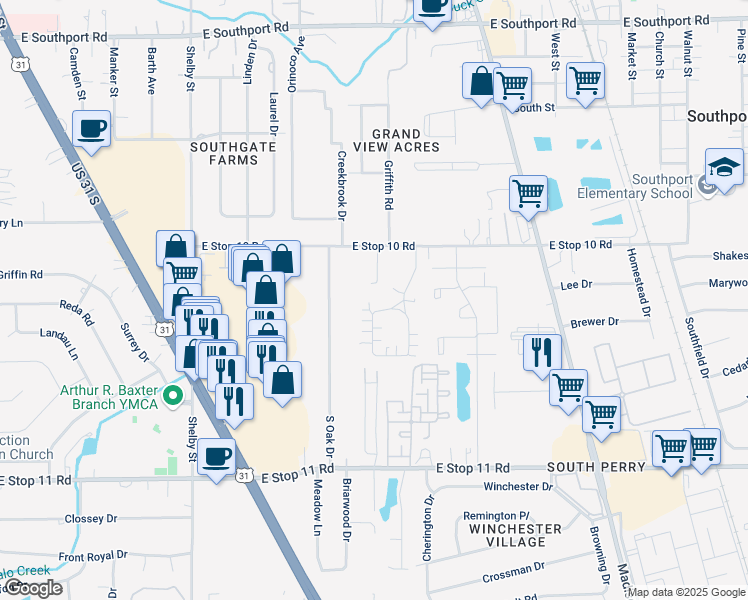 map of restaurants, bars, coffee shops, grocery stores, and more near 7642 Briarstone Lane in Indianapolis