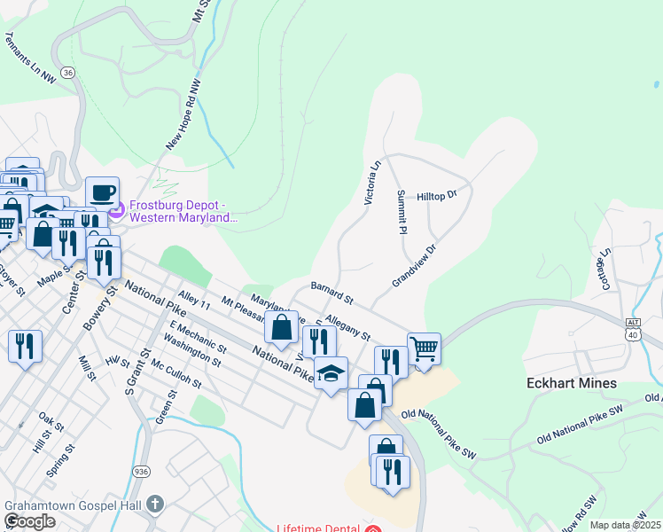 map of restaurants, bars, coffee shops, grocery stores, and more near 61 Victoria Lane in Frostburg