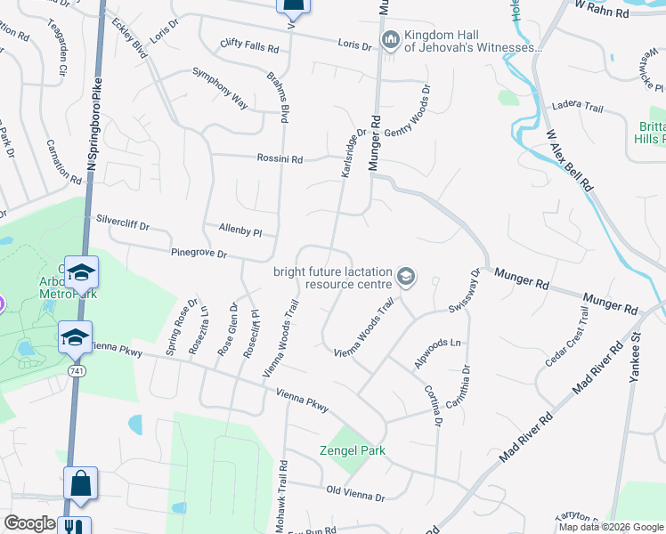 map of restaurants, bars, coffee shops, grocery stores, and more near 6362 Karlsridge Drive in Dayton